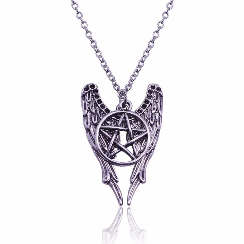 Silver Pentagram Angel Wings Necklace